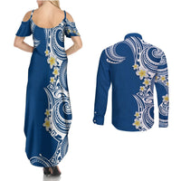 Aloha Polynesian Plumeria Flower Couples Matching Summer Maxi Dress and Long Sleeve Button Shirt Blue Color LT03 - Polynesian Pride