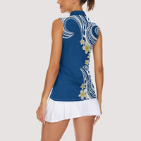 Aloha Polynesian Plumeria Flower Women Sleeveless Polo Shirt Blue Color
