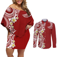Aloha Polynesian Plumeria Flower Couples Matching Off Shoulder Short Dress and Long Sleeve Button Shirt Red Color LT03 Red - Polynesian Pride
