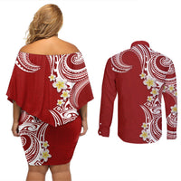 Aloha Polynesian Plumeria Flower Couples Matching Off Shoulder Short Dress and Long Sleeve Button Shirt Red Color LT03 - Polynesian Pride