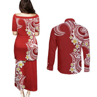 Aloha Polynesian Plumeria Flower Couples Matching Puletasi and Long Sleeve Button Shirt Red Color LT03 - Polynesian Pride