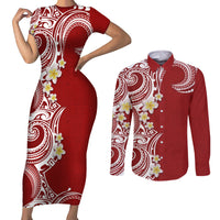 Aloha Polynesian Plumeria Flower Couples Matching Short Sleeve Bodycon Dress and Long Sleeve Button Shirt Red Color LT03 Red - Polynesian Pride
