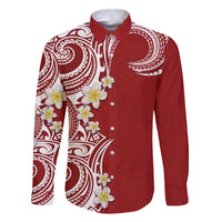 Aloha Polynesian Plumeria Flower Family Matching Off The Shoulder Long Sleeve Dress and Hawaiian Shirt Red Color