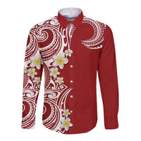 Aloha Polynesian Plumeria Flower Long Sleeve Button Shirt Red Color