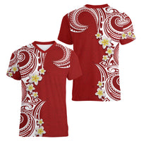 Aloha Polynesian Plumeria Flower Women V-Neck T-Shirt Red Color