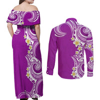 Aloha Polynesian Plumeria Flower Couples Matching Off Shoulder Maxi Dress and Long Sleeve Button Shirt Purple Color LT03 - Polynesian Pride