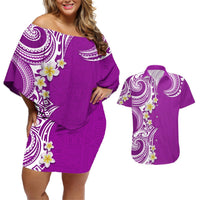 Aloha Polynesian Plumeria Flower Couples Matching Off Shoulder Short Dress and Hawaiian Shirt Purple Color LT03 Purple - Polynesian Pride