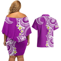 Aloha Polynesian Plumeria Flower Couples Matching Off Shoulder Short Dress and Hawaiian Shirt Purple Color LT03 - Polynesian Pride