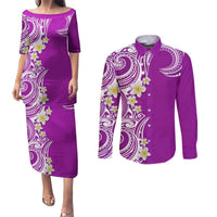 Aloha Polynesian Plumeria Flower Couples Matching Puletasi and Long Sleeve Button Shirt Purple Color LT03 Purple - Polynesian Pride