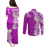 Aloha Polynesian Plumeria Flower Couples Matching Puletasi and Long Sleeve Button Shirt Purple Color LT03 - Polynesian Pride