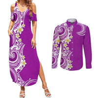Aloha Polynesian Plumeria Flower Couples Matching Summer Maxi Dress and Long Sleeve Button Shirt Purple Color LT03 Purple - Polynesian Pride