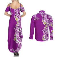 Aloha Polynesian Plumeria Flower Couples Matching Summer Maxi Dress and Long Sleeve Button Shirt Purple Color LT03 - Polynesian Pride