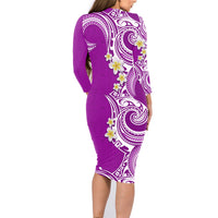 Aloha Polynesian Plumeria Flower Family Matching Long Sleeve Bodycon Dress and Hawaiian Shirt Purple Color