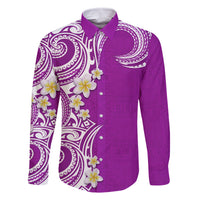 Aloha Polynesian Plumeria Flower Family Matching Off Shoulder Short Dress and Hawaiian Shirt Purple Color LT03 Dad's Shirt - Long Sleeve Purple - Polynesian Pride
