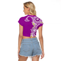 Aloha Polynesian Plumeria Flower Raglan Cropped T Shirt Purple Color