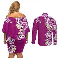 Aloha Polynesian Plumeria Flower Couples Matching Off Shoulder Short Dress and Long Sleeve Button Shirt Pink Color LT03 - Polynesian Pride