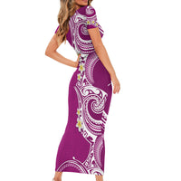 Aloha Polynesian Plumeria Flower Family Matching Short Sleeve Bodycon Dress and Hawaiian Shirt Pink Color