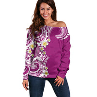 Aloha Polynesian Plumeria Flower Off Shoulder Sweater Pink Color