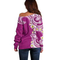 Aloha Polynesian Plumeria Flower Off Shoulder Sweater Pink Color