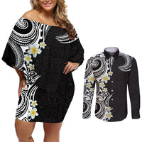 Aloha Polynesian Plumeria Flower Couples Matching Off Shoulder Short Dress and Long Sleeve Button Shirt Black White Color LT03 Black - Polynesian Pride