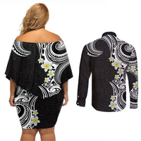 Aloha Polynesian Plumeria Flower Couples Matching Off Shoulder Short Dress and Long Sleeve Button Shirt Black White Color LT03 - Polynesian Pride