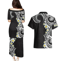 Aloha Polynesian Plumeria Flower Couples Matching Puletasi and Hawaiian Shirt Black White Color LT03 - Polynesian Pride