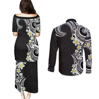 Aloha Polynesian Plumeria Flower Couples Matching Puletasi and Long Sleeve Button Shirt Black White Color LT03 - Polynesian Pride