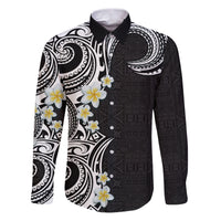 Aloha Polynesian Plumeria Flower Family Matching Puletasi and Hawaiian Shirt Black White Color
