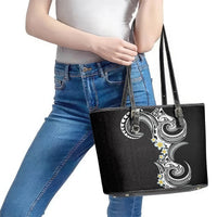 Aloha Polynesian Plumeria Flower Leather Tote Bag Black White Color LT03 - Polynesian Pride