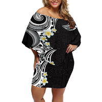Aloha Polynesian Plumeria Flower Off Shoulder Short Dress Black White Color LT03 Women Black - Polynesian Pride