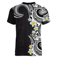 Aloha Polynesian Plumeria Flower Women V-Neck T-Shirt Black White Color