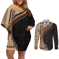 Samoa Siapo Motif and Tapa Pattern Half Style Couples Matching Off Shoulder Short Dress and Long Sleeve Button Shirt Beige Color LT03 Beige - Polynesian Pride
