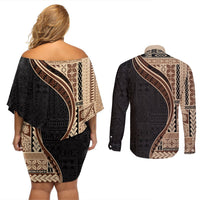 Samoa Siapo Motif and Tapa Pattern Half Style Couples Matching Off Shoulder Short Dress and Long Sleeve Button Shirt Beige Color LT03 - Polynesian Pride