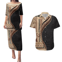 Samoa Siapo Motif and Tapa Pattern Half Style Couples Matching Puletasi and Hawaiian Shirt Beige Color LT03 Beige - Polynesian Pride