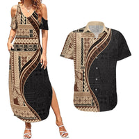 Samoa Siapo Motif and Tapa Pattern Half Style Couples Matching Summer Maxi Dress and Hawaiian Shirt Beige Color LT03 Beige - Polynesian Pride