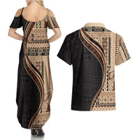 Samoa Siapo Motif and Tapa Pattern Half Style Couples Matching Summer Maxi Dress and Hawaiian Shirt Beige Color LT03 - Polynesian Pride