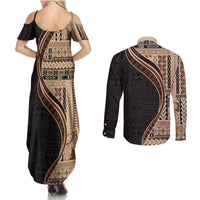 Samoa Siapo Motif and Tapa Pattern Half Style Couples Matching Summer Maxi Dress and Long Sleeve Button Shirt Beige Color LT03 - Polynesian Pride