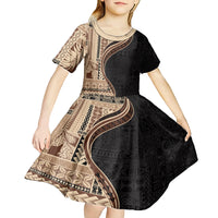 Samoa Siapo Motif and Tapa Pattern Half Style Kid Short Sleeve Dress Beige Color