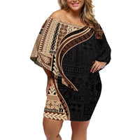 Samoa Siapo Motif and Tapa Pattern Half Style Off Shoulder Short Dress Beige Color LT03 Women Beige - Polynesian Pride