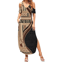 Samoa Siapo Motif and Tapa Pattern Half Style Summer Maxi Dress Beige Color LT03 Women Beige - Polynesian Pride