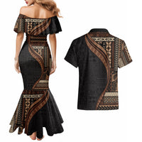 Samoa Siapo Motif and Tapa Pattern Half Style Couples Matching Mermaid Dress and Hawaiian Shirt Black Color LT03 - Polynesian Pride