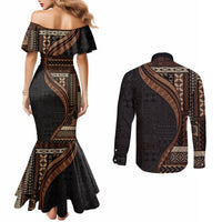 Samoa Siapo Motif and Tapa Pattern Half Style Couples Matching Mermaid Dress and Long Sleeve Button Shirt Black Color LT03 - Polynesian Pride