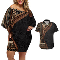Samoa Siapo Motif and Tapa Pattern Half Style Couples Matching Off Shoulder Short Dress and Hawaiian Shirt Black Color LT03 Black - Polynesian Pride