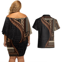 Samoa Siapo Motif and Tapa Pattern Half Style Couples Matching Off Shoulder Short Dress and Hawaiian Shirt Black Color LT03 - Polynesian Pride