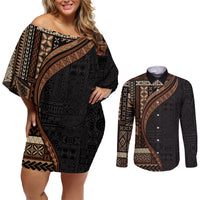 Samoa Siapo Motif and Tapa Pattern Half Style Couples Matching Off Shoulder Short Dress and Long Sleeve Button Shirt Black Color LT03 Black - Polynesian Pride