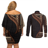 Samoa Siapo Motif and Tapa Pattern Half Style Couples Matching Off Shoulder Short Dress and Long Sleeve Button Shirt Black Color LT03 - Polynesian Pride