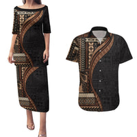Samoa Siapo Motif and Tapa Pattern Half Style Couples Matching Puletasi and Hawaiian Shirt Black Color LT03 Black - Polynesian Pride