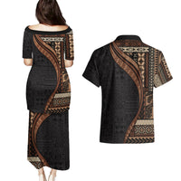 Samoa Siapo Motif and Tapa Pattern Half Style Couples Matching Puletasi and Hawaiian Shirt Black Color LT03 - Polynesian Pride