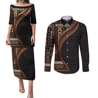 Samoa Siapo Motif and Tapa Pattern Half Style Couples Matching Puletasi and Long Sleeve Button Shirt Black Color LT03 Black - Polynesian Pride