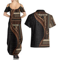 Samoa Siapo Motif and Tapa Pattern Half Style Couples Matching Summer Maxi Dress and Hawaiian Shirt Black Color LT03 - Polynesian Pride